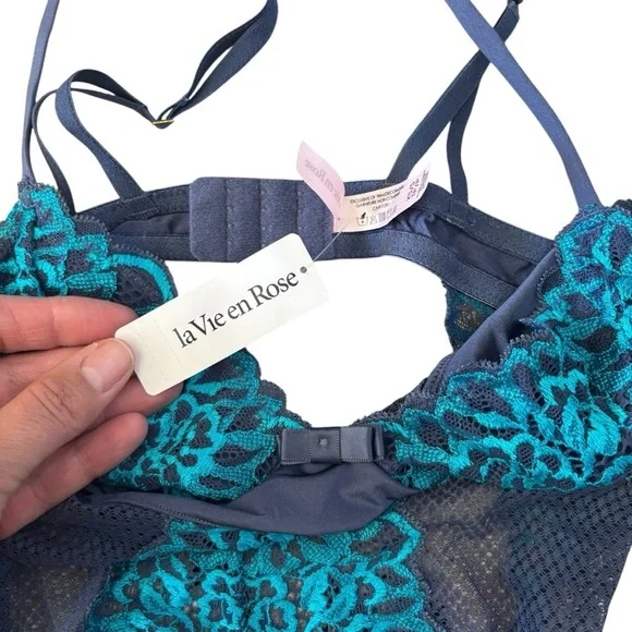 2/$30 La Vie En Rose New With Tags Teal Lace Bodysuit Size Extra Small - Picture 6 of 7